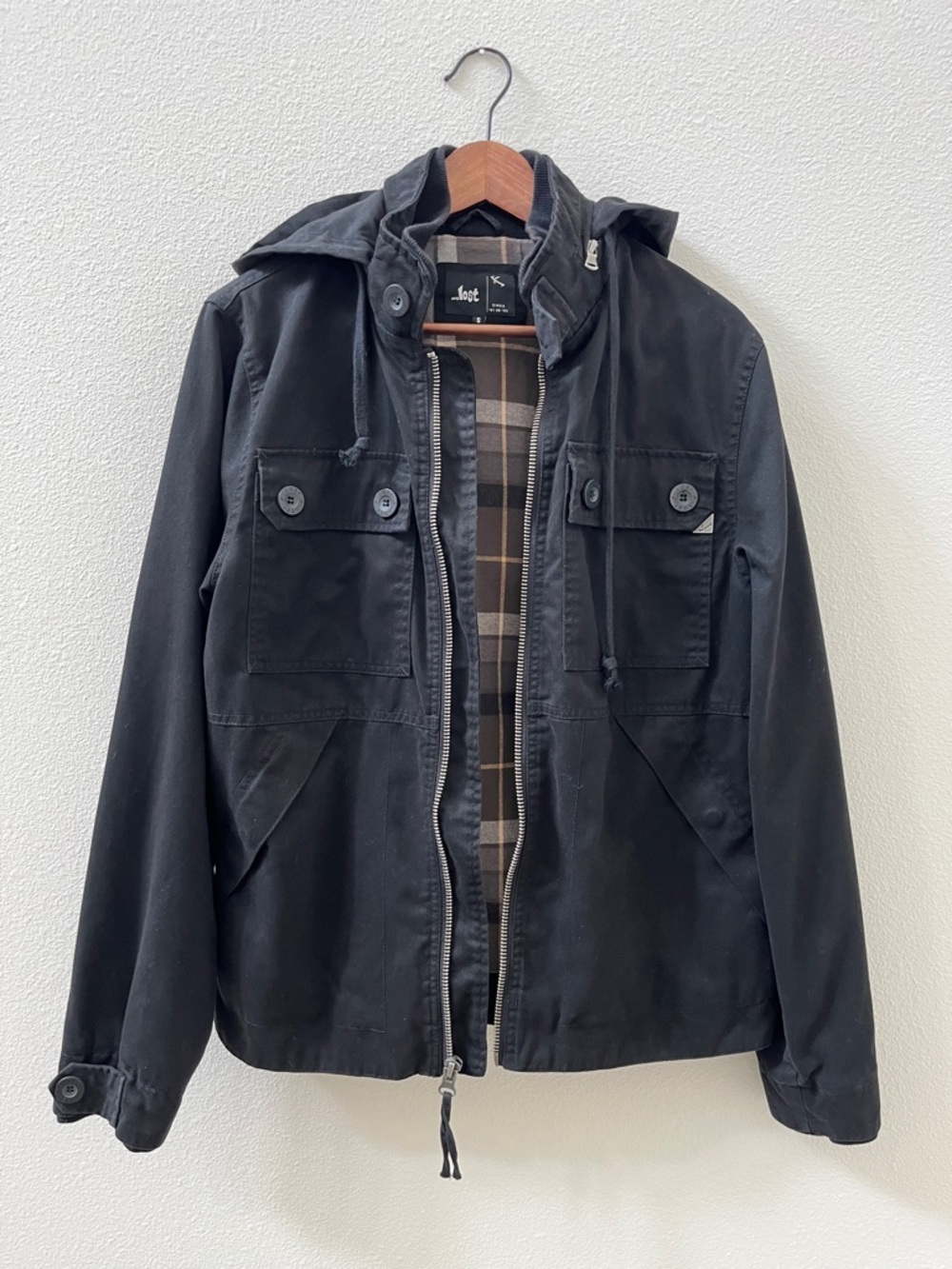 Lost Black Hooded Military Field Jacket with Plaid Interior